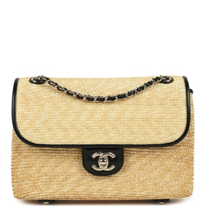 Chanel Small Flap Bag Beige Braided Raffia And Black Lambskin