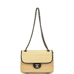 Chanel Small Flap Bag Beige Braided Raffia And Black Lambskin