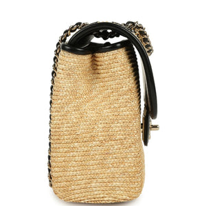 Chanel Small Flap Bag Beige Braided Raffia And Black Lambskin