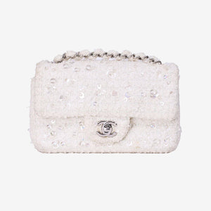 Chanel Tweed Beaded Mini Rectangular Flap in White Tweed with Silver Hardware