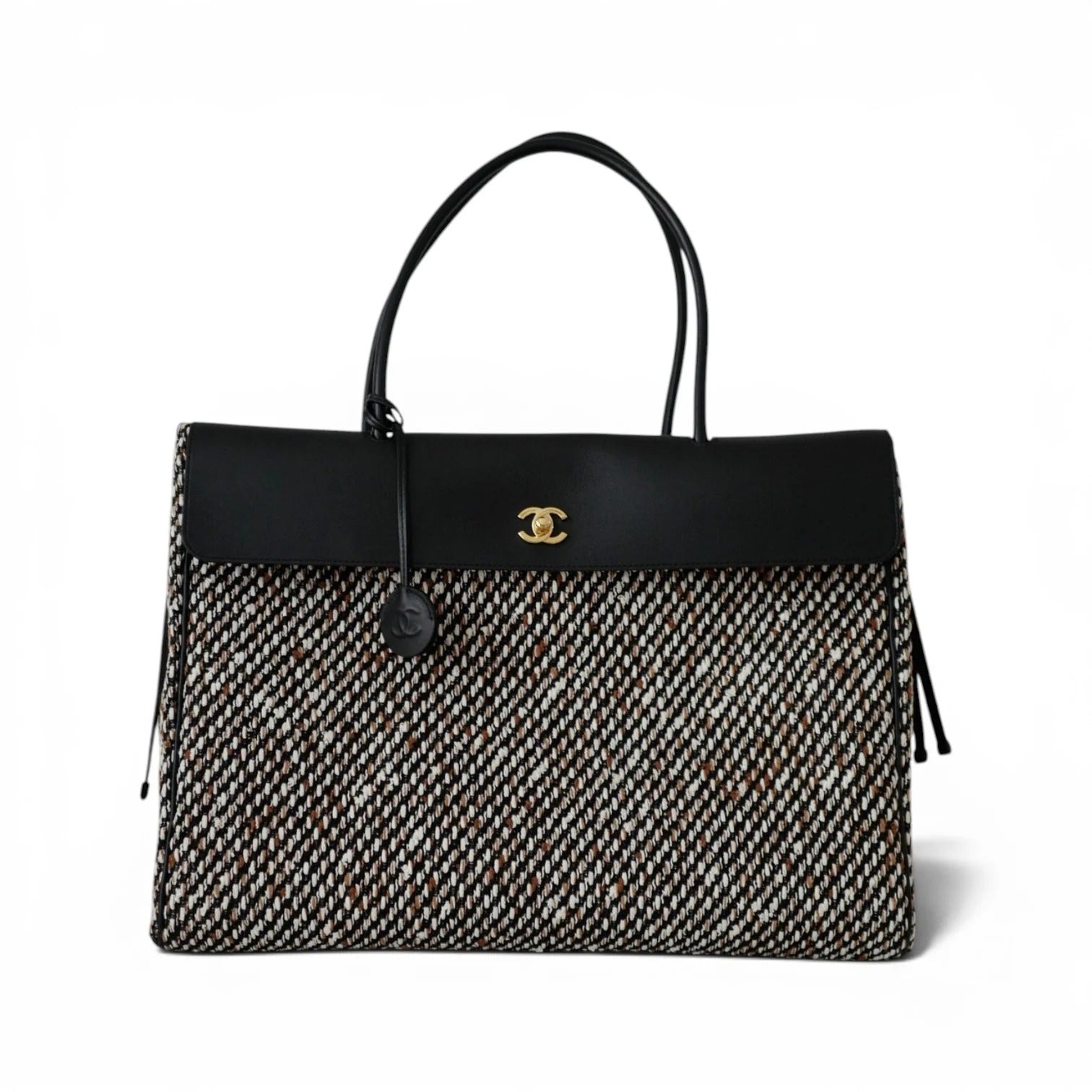 Chanel 26s Large Shopping Bag Black Ecru Wool Gold Hardware