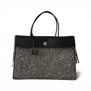 Chanel 26s Large Shopping Bag Black Ecru Wool Gold Hardware