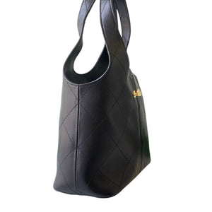 Black Calfskin Quilted Chain Shopping Tote Bag