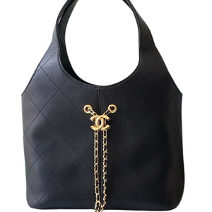 Black Calfskin Quilted Chain Shopping Tote Bag