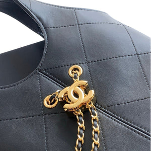 Black Calfskin Quilted Chain Shopping Tote Bag