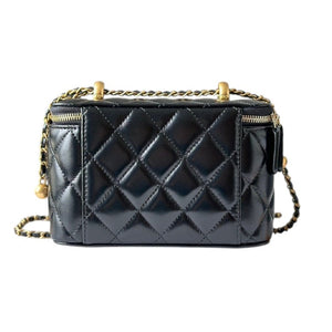 Black Quilted Leather Small Vanity Case with Chain