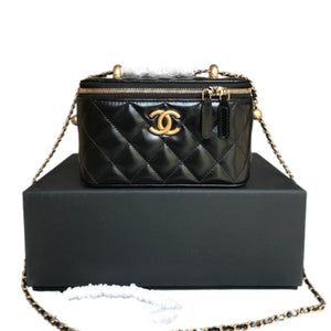 Black Quilted Leather Small Vanity Case with Chain