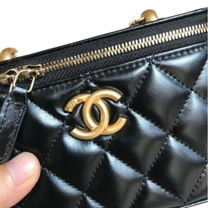 Black Quilted Leather Small Vanity Case with Chain