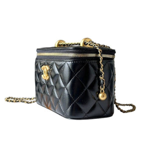 Black Quilted Leather Small Vanity Case with Chain