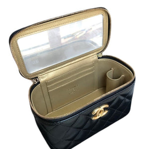 Black Quilted Leather Small Vanity Case with Chain