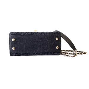 Washed Denim Quilted Mini Flap Bag with Top Handle