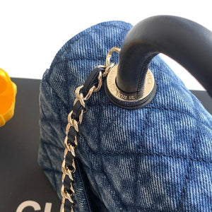Washed Denim Quilted Mini Flap Bag with Top Handle