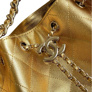 25 Metallic Gold Quilted Leather Drawstring Shoulder Bag