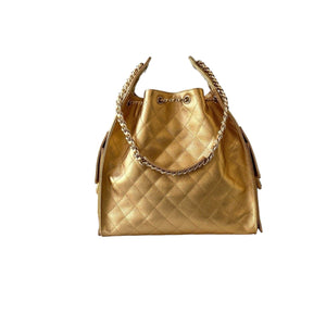 25 Metallic Gold Quilted Leather Drawstring Shoulder Bag