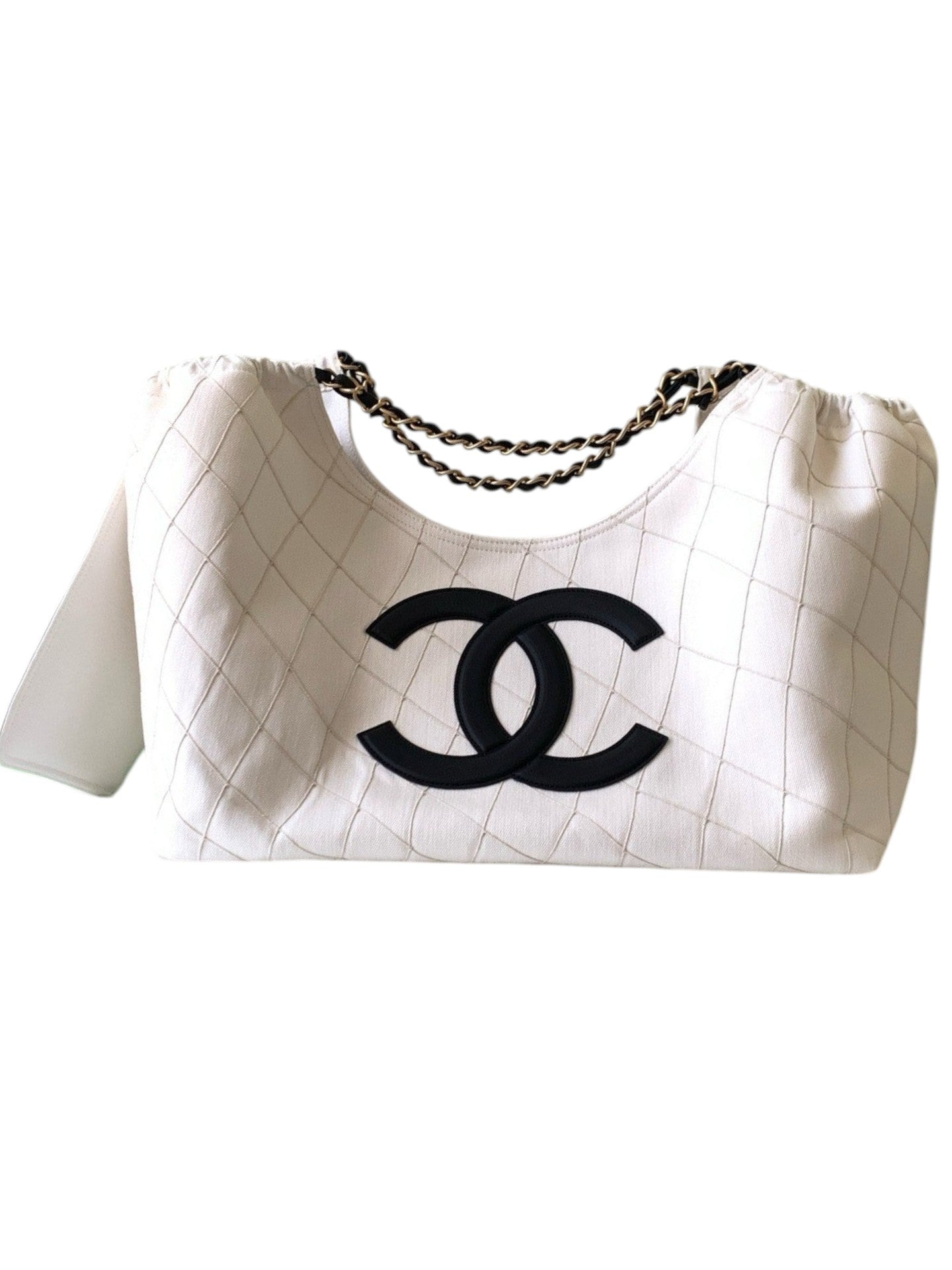 Coco Beach White & Black Denim Calfskin Small Shopping Bag