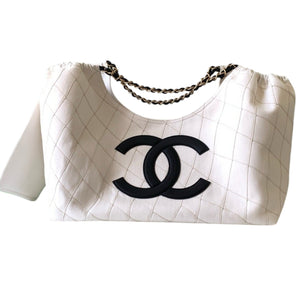 Coco Beach White & Black Denim Calfskin Small Shopping Bag