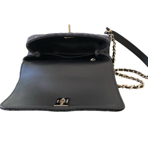 Washed Denim Quilted Mini Flap Bag with Top Handle