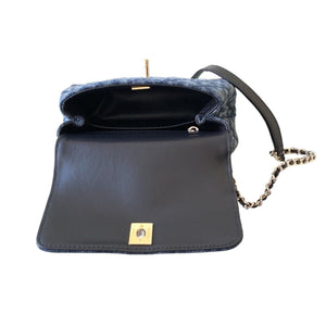 Washed Denim Quilted Mini Flap Bag with Top Handle