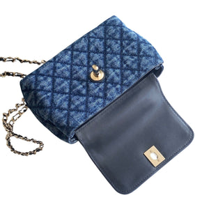 Washed Denim Quilted Mini Flap Bag with Top Handle