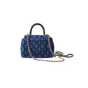 Washed Denim Quilted Mini Flap Bag with Top Handle