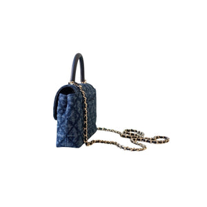 Washed Denim Quilted Mini Flap Bag with Top Handle