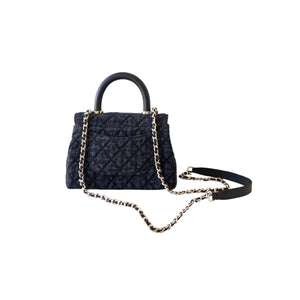 Washed Denim Quilted Mini Flap Bag with Top Handle