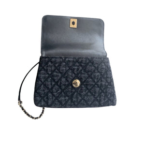 Washed Denim Quilted Mini Flap Bag with Top Handle
