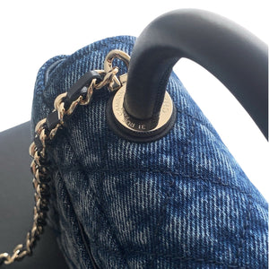 Washed Denim Quilted Mini Flap Bag with Top Handle