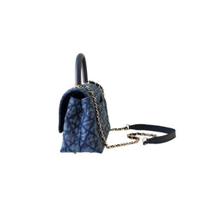 Washed Denim Quilted Mini Flap Bag with Top Handle