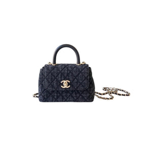 Washed Denim Quilted Mini Flap Bag with Top Handle
