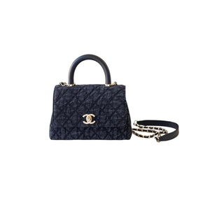 Washed Denim Quilted Mini Flap Bag with Top Handle