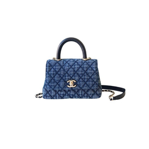 Washed Denim Quilted Mini Flap Bag with Top Handle