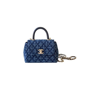 Washed Denim Quilted Mini Flap Bag with Top Handle