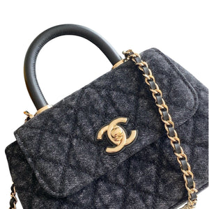 Washed Denim Quilted Mini Flap Bag with Top Handle