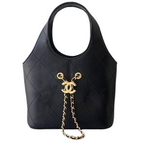Black Calfskin Quilted Chain Shopping Tote Bag