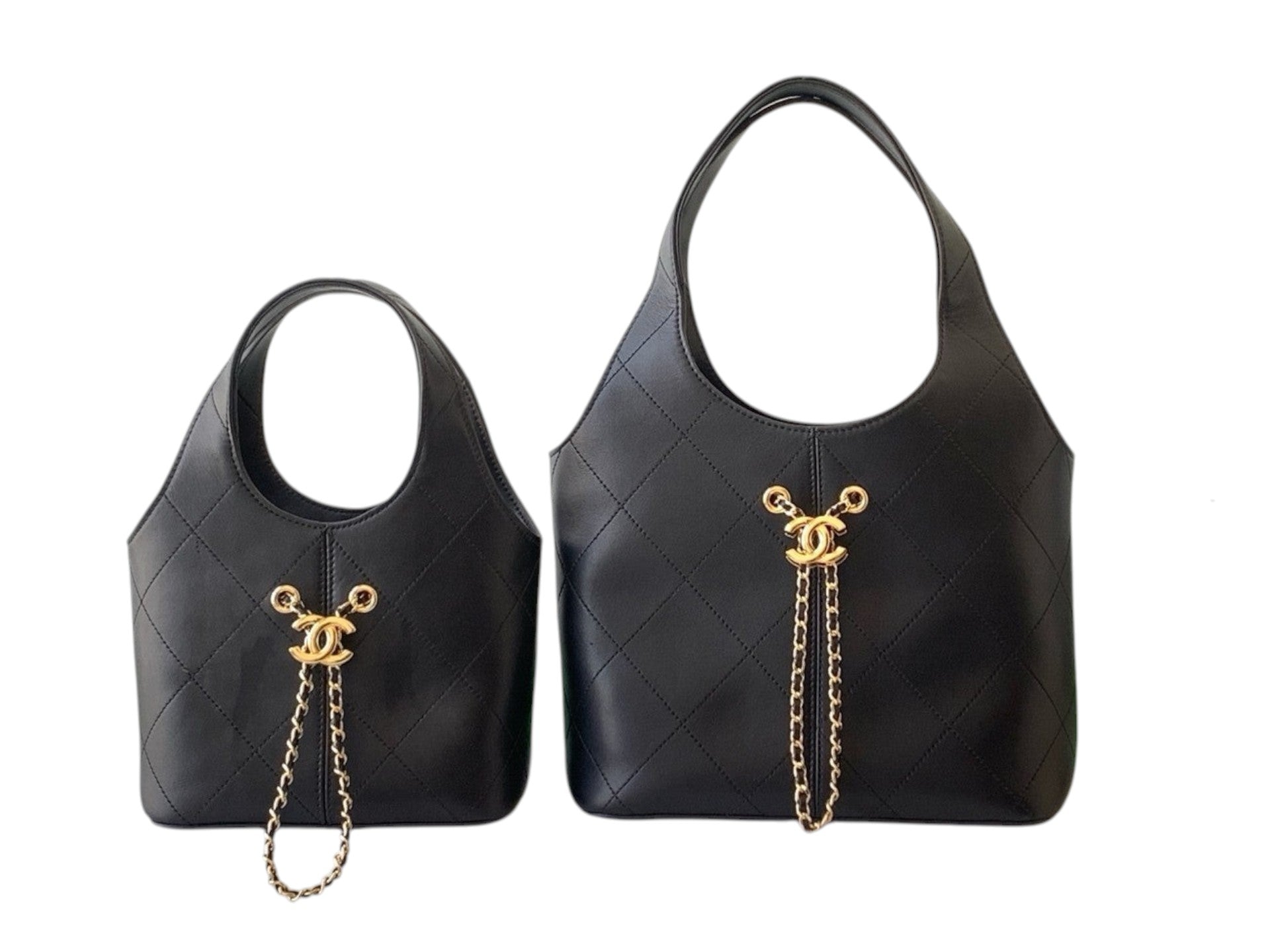 Black Calfskin Quilted Chain Shopping Tote Bag