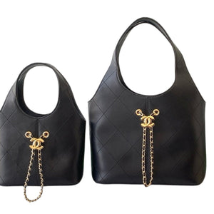 Black Calfskin Quilted Chain Shopping Tote Bag