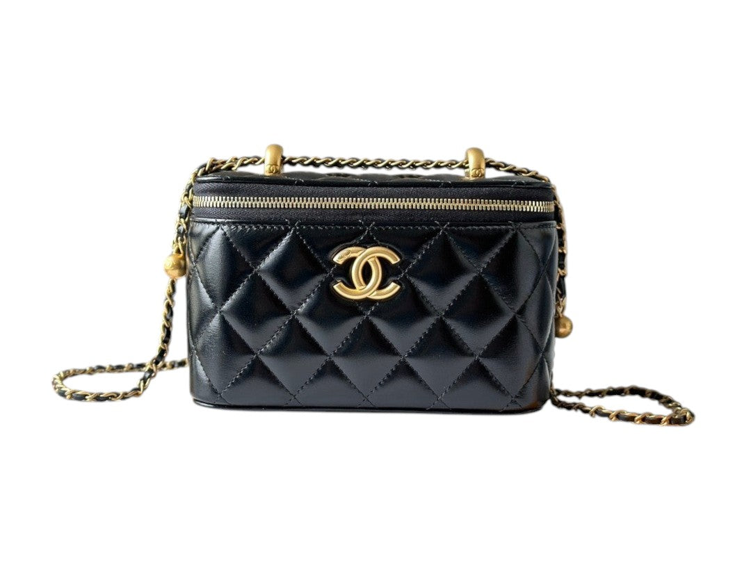 Black Quilted Leather Small Vanity Case with Chain