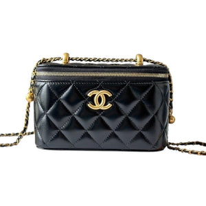 Black Quilted Leather Small Vanity Case with Chain