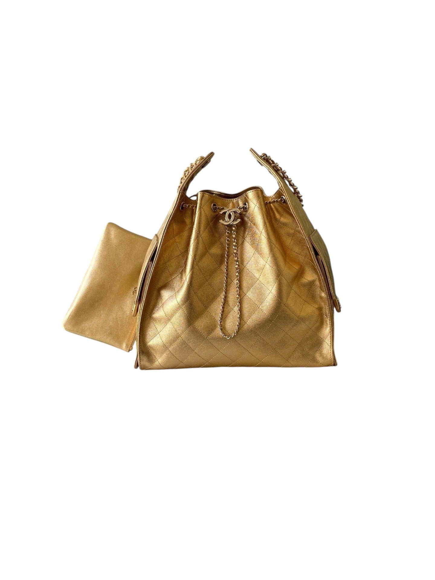 25 Metallic Gold Quilted Leather Drawstring Shoulder Bag