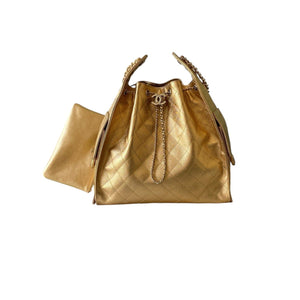 25 Metallic Gold Quilted Leather Drawstring Shoulder Bag