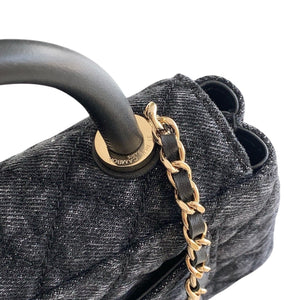 Washed Denim Quilted Mini Flap Bag with Top Handle