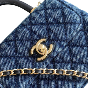 Washed Denim Quilted Mini Flap Bag with Top Handle