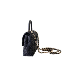 Washed Denim Quilted Mini Flap Bag with Top Handle