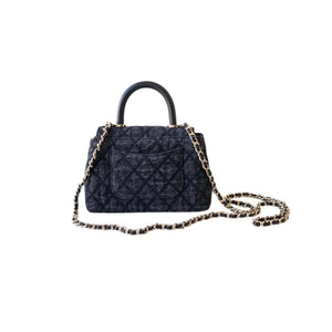 Washed Denim Quilted Mini Flap Bag with Top Handle