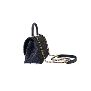 Washed Denim Quilted Mini Flap Bag with Top Handle