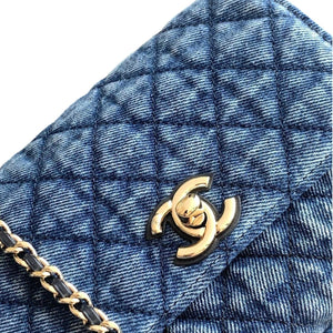 Washed Denim Quilted Mini Flap Bag with Top Handle