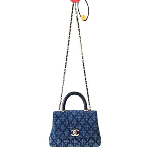 Washed Denim Quilted Mini Flap Bag with Top Handle
